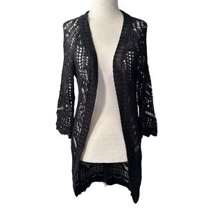 Boho Black Crochet Open Front Long Cardigan M